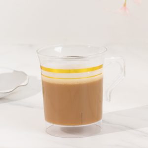 8-Pack Plastic Coffee Mugs 8oz Clear with Gold Stripes - Disposable Tea Cups with Handle 3.5"